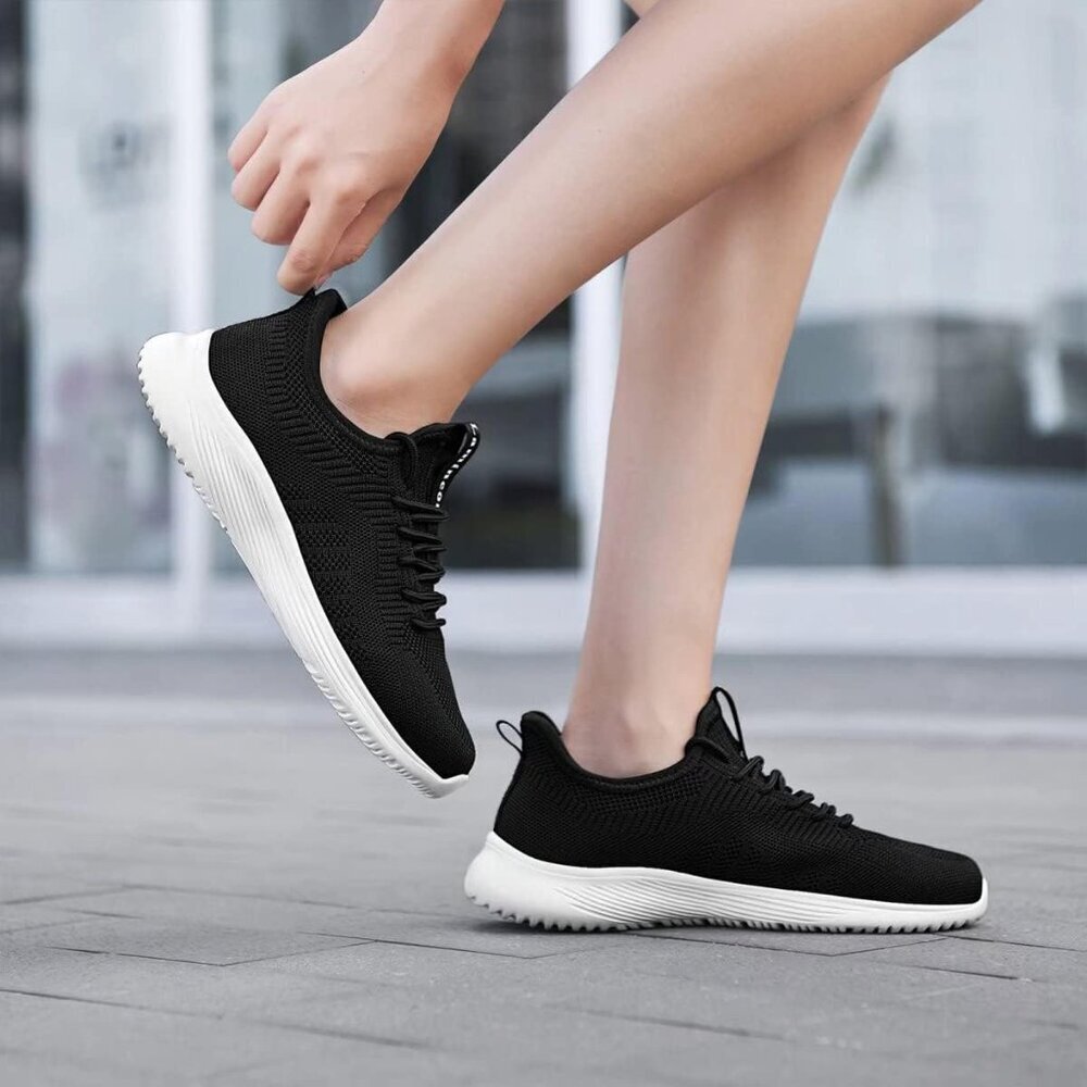 Women's Black White Non Slip Casual Running Lightweight Mesh Fashion Sneakers - Picture 2 of 6